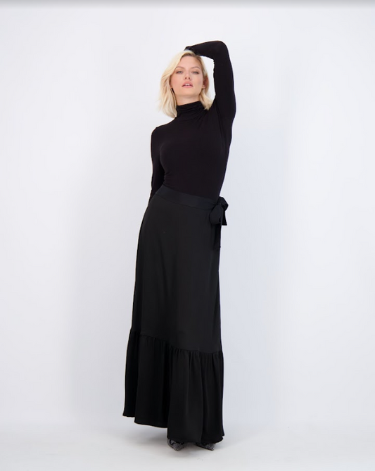 Black Satin One Tier Maxi with Side Tie